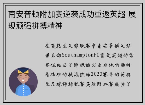 南安普顿附加赛逆袭成功重返英超 展现顽强拼搏精神