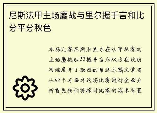 尼斯法甲主场鏖战与里尔握手言和比分平分秋色 尼斯法甲主场鏖战与里尔握手言和比分平分秋色