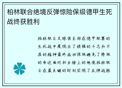 柏林联合绝境反弹惊险保级德甲生死战终获胜利 柏林联合绝境反弹惊险保级德甲生死战终获胜利